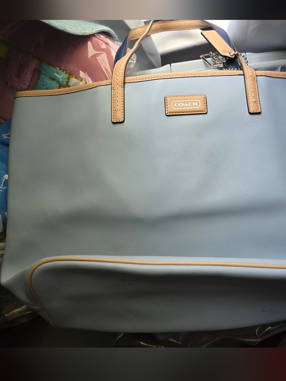 Coach Park Metro Saffiano Leather Carryall Tote light blue.